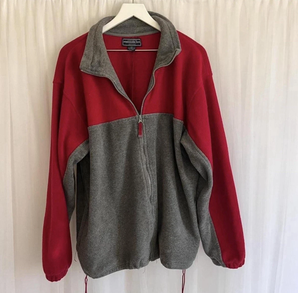 Vintage fleece jacket red/fray colorblock zip up jacket with drawstring hem
