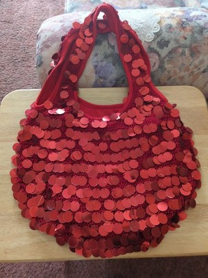 Ladies Red Sequinned Party Purse W/Small Zippered Pouch. Use It To Accessorize.