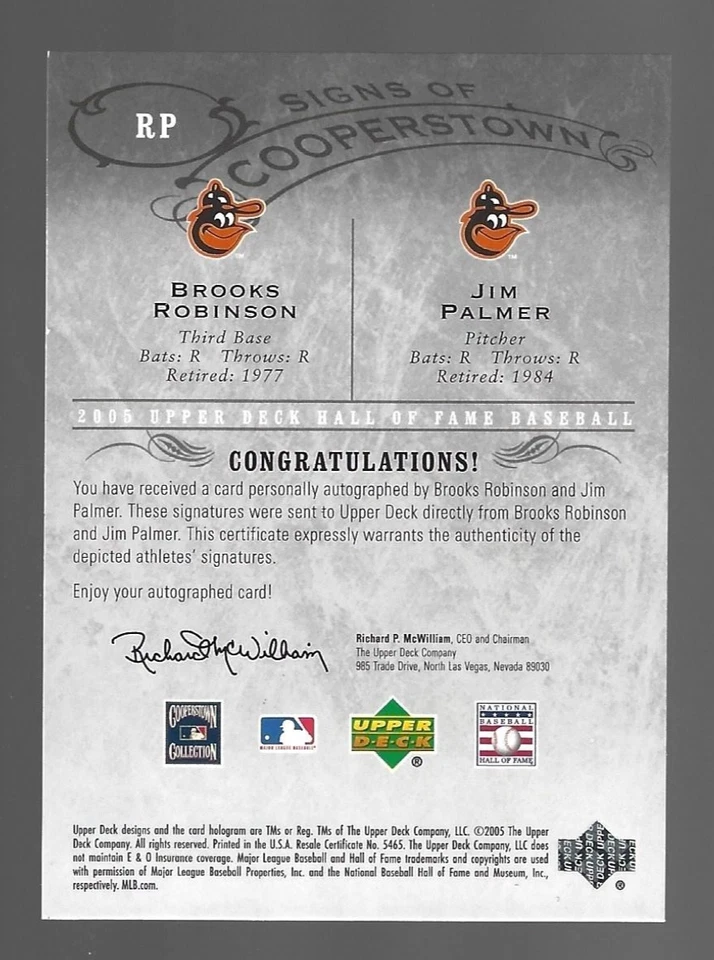 Brooks Robinson Jim Palmer 2005 Upper Deck Hall Of Fame Signatures Auto 10/10 - Image 3 of 3