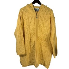 Aran Crafts Irish Wool Cable Knit Zip Up Sweater Hooded Cardigan Yellow Size XL