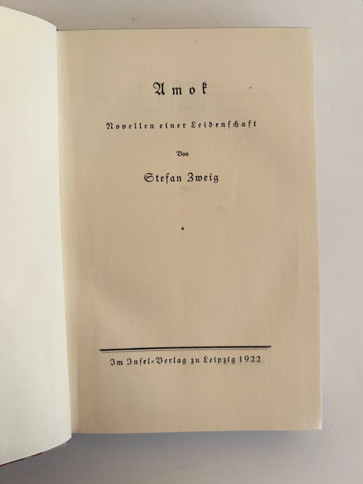 Stefan Zweig "Amok" 1922 1st Edition Insel Verlag Half Linen Marbled - Image 4 of 4