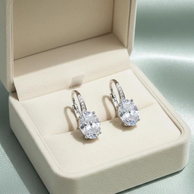 14K White Gold Plated 3.00CT Oval Moissanite Drop & Dangle Unique Earrings
