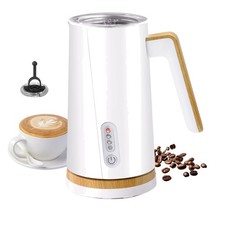 Image of Electric Milk Frother 4-in-1 Steamer with Wood Handle White – Hot & Cold Foam