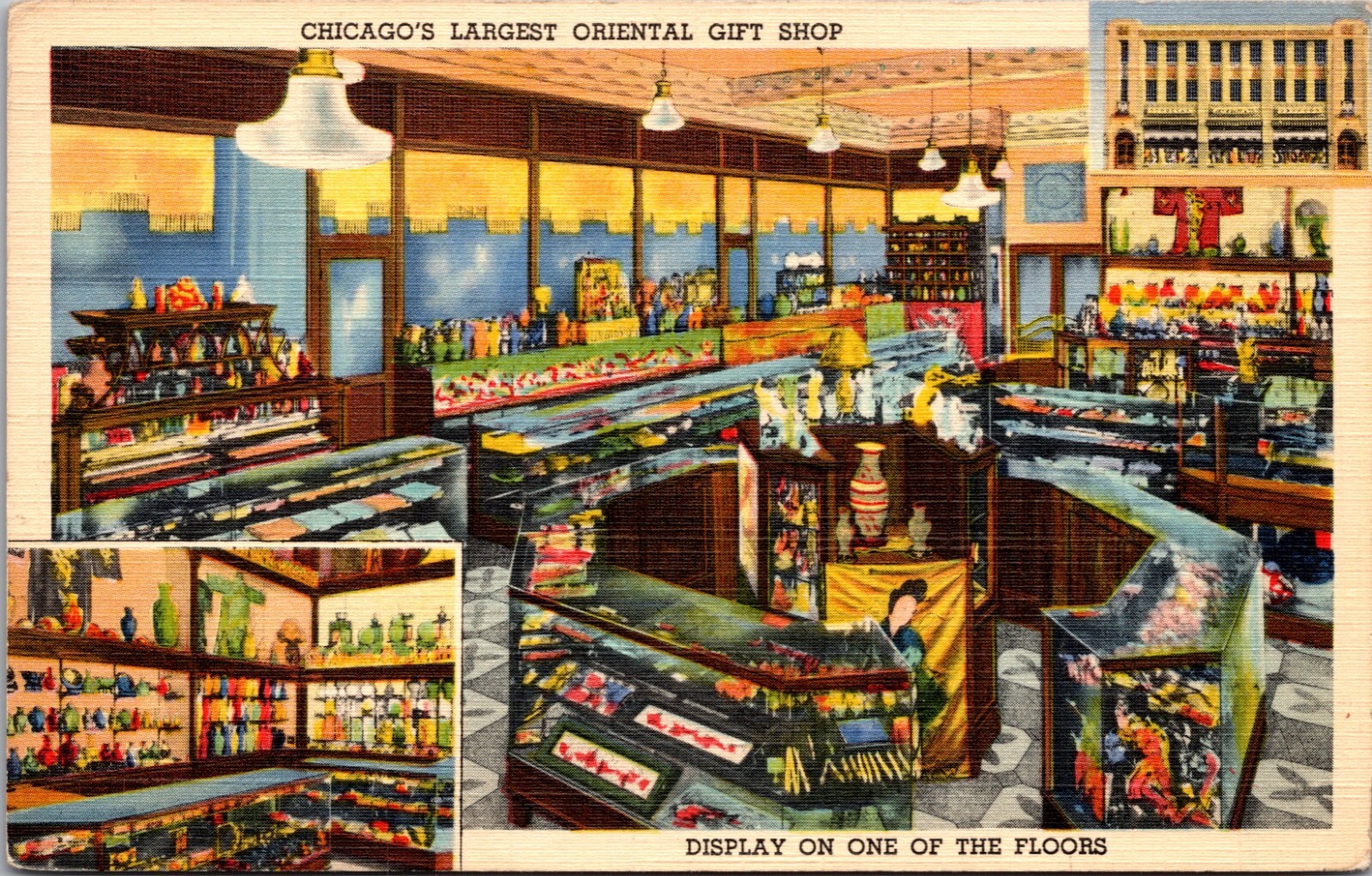 La tienda de regalos oriental más grande de Chicago exhibe postal de Chicago Illinois