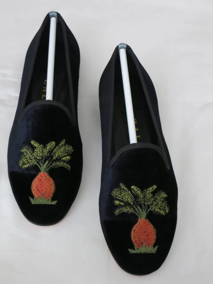 Mocasín Zalo Gentry Terciopelo Chifón Negro Terciopelo Plano Sin Cordones Naranja Verde NUEVO Foto 2 de 4