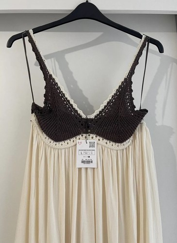 ZARA ECRU BROWN THIN STRAPS CONTRAST CROCHET MINI KNIT DRESS SIZE L BNWT - Picture 4 of 11
