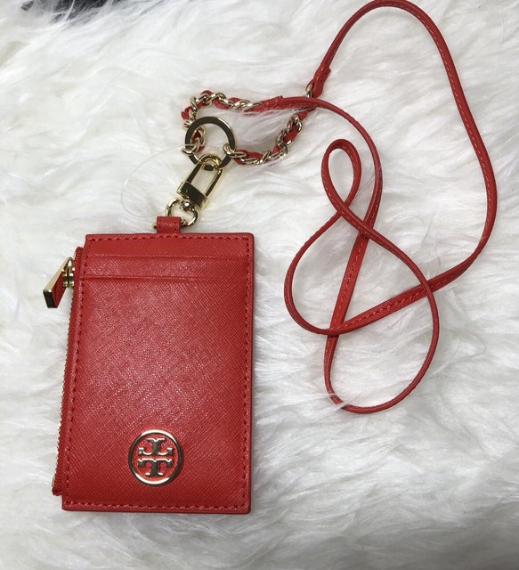 NWT TORY BURCH Card / ID Badge Holder Lanyard In Poppy Red Saffiano