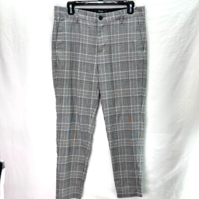 Bershka Men's Plaid Skinny Cropped Trousers Grey Size 31