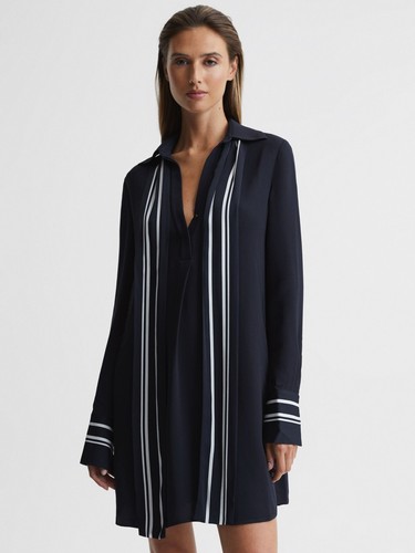 REISS Feya Stripe Detail Mini Dress Nude & Navy Blue Size 4 6 8 10 12 14 16 - Picture 13 of 19