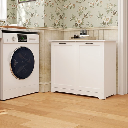 26 Gallon with Deodorizing Function Wood Double Tilt Out Trash Can Cabinet White - Picture 7 of 16