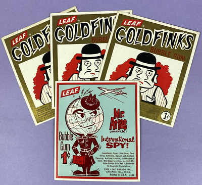Blatt Kaugummi 60er Jahre Display Werbekarten Goldfinks + Mr Atlas International Spy