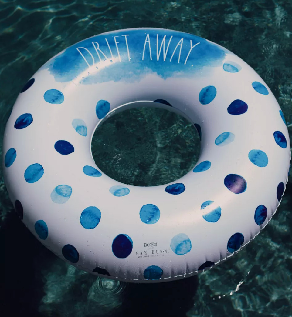 NIB CocoNut Outdoor Rae Dunn "Drift Away",  48" Ring Pool Float Blue Polka dots