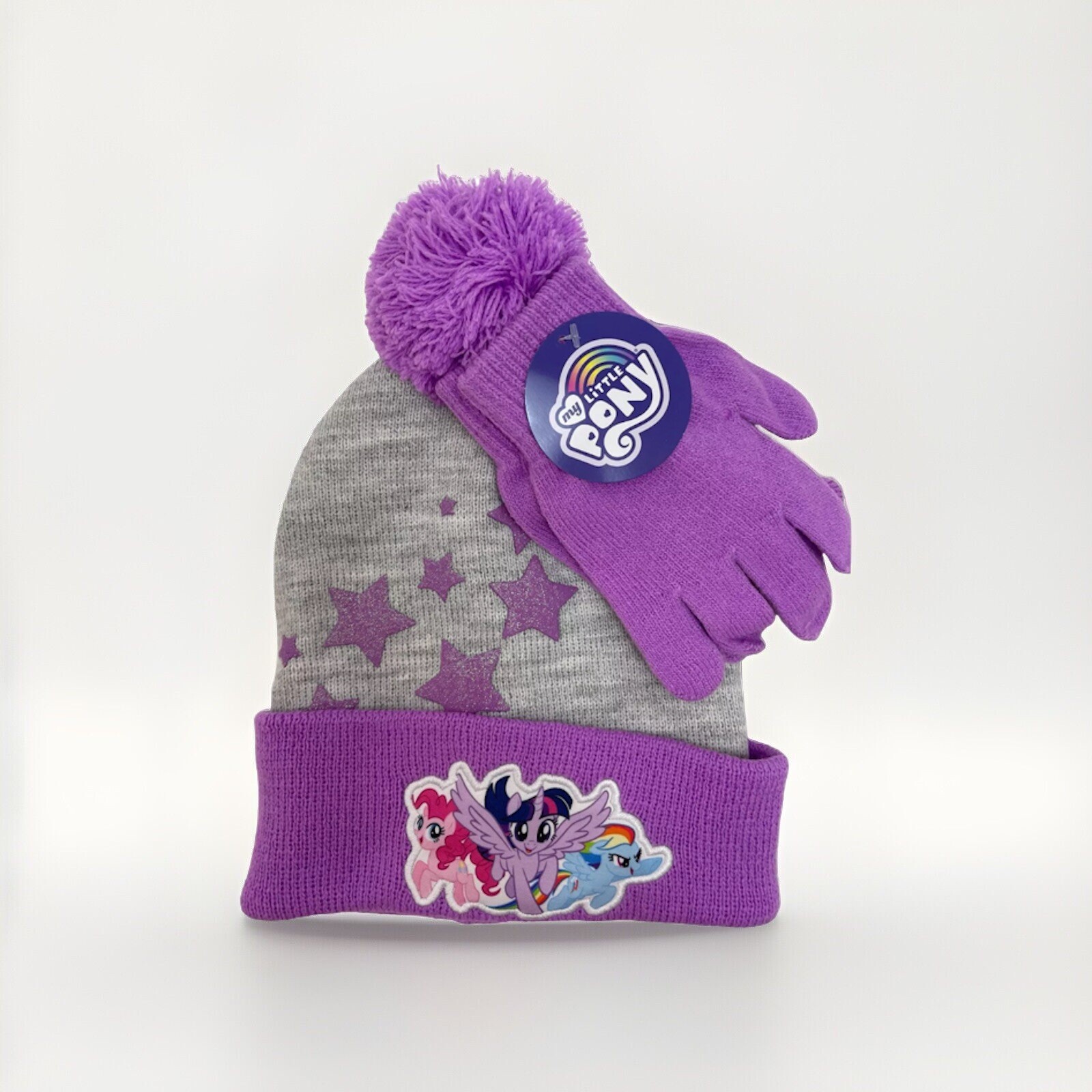 My Little Pony Guanti e Calza Cappello Bambina Pom Viola Grigio Glitter Stelle