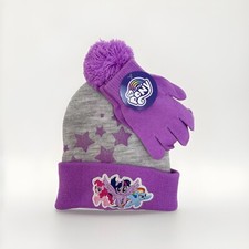 My Little Pony Girls Gloves and Stocking Hat Pom Pom Purple Gray Glitter Stars