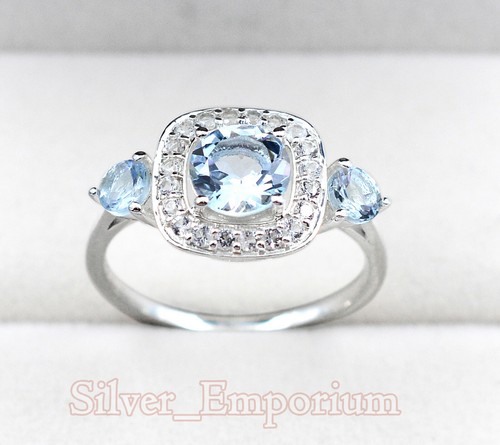 Anillo de boda de plata esterlina 925 natural 7 mm redondo aguamarina piedras preciosas para mujer - Imagen 4 de 12