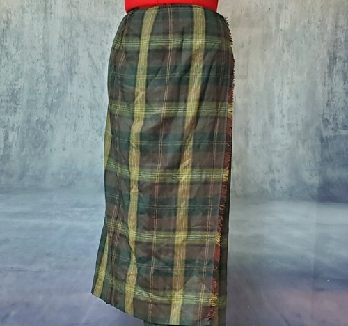 Green Briwn Tartan Long Wool Skirt With Fringe Size 10 Jones New York - Picture 8 of 9