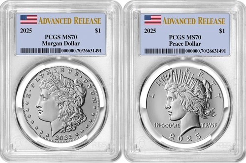 2025-P (MS70) Morgan & Peace Silver Dollar (2 Coin Set) Advanced Release AR PCGS