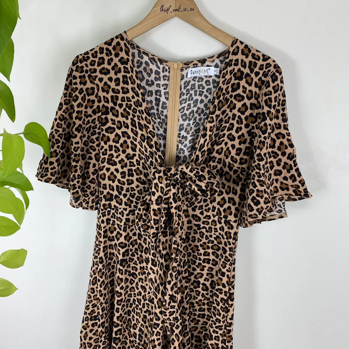 Sunny Girl Size 10 Dress Midi Leopard Print Tie Bust Shirt Sleeve