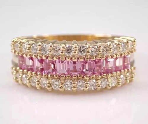 3Ct Lab Created Pink Sapphire Eternity Wedding Band Ring 14K Yellow Gold Plated - Picture 4 of 6