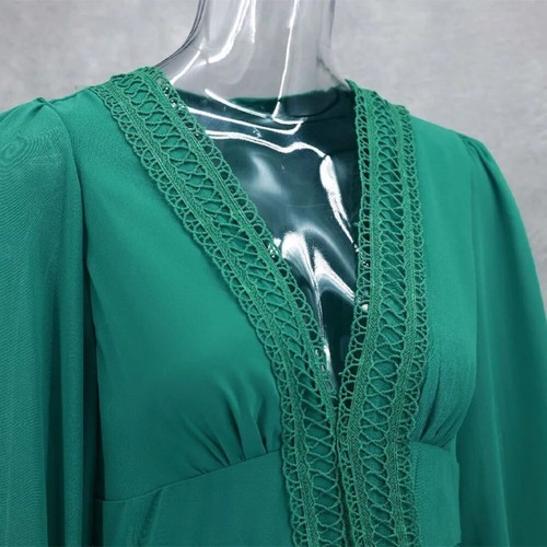 HOT V-neck Long Sleeves Maxi Dress Elegant Ruffles Lace Slim Dresses Party Robes - Picture 14 of 29