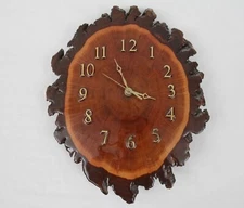 Vintage Wood Slab Lacquered Wall Clock 16" x 12" Natural Bark Edge Rustic Cabin