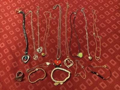 Vintage- Current - 17 Piece Heart Valentine Jewelry-Pendants, Bracelets & Rings