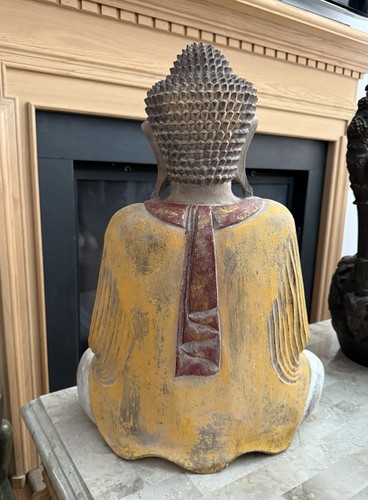 20” Large Antique Solid Wood Sitting Gautama Amitabha Shakyamuni Buddha Statue - Picture 2 of 8