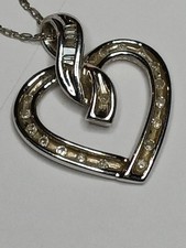 10K White Gold Diamond Heart Charm Pendant Chain Necklace 16  long 2gram TW