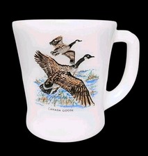 Vtg Fire King Milk Glass Mug Canada Goose Coffee Cup Oven Ware USA Nature Birds