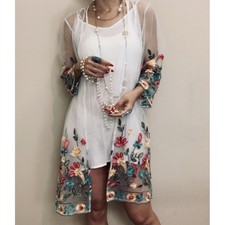 Shoreline White Mesh Floral Embroidered Kimono Cardigan Crochet Lace Trim S/M