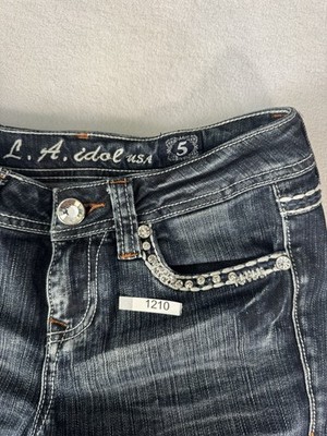 L.A Idol USA Embellished Jeans Boot cut Thick Stitch Size 5 Dark Wash Rhinestone