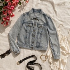 Cropped Denim Jacket Acid Wash Fitted Trucker Y2K Model Off Duty Blue M