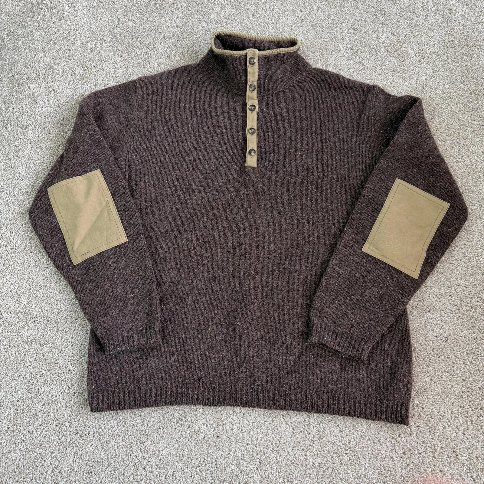 Orvis Sweater Mens Large Brown Henley Mock Neck Wool Knit Pullover USA
