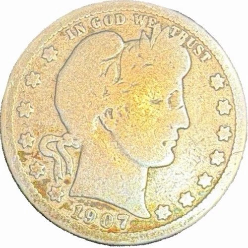 1907 90% Silver Barber Quarter Dollar