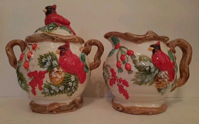 Cardinal & Holly Ceramic Creamer & Sugar Bowl Set Old World