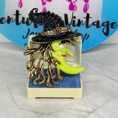 Designer Enamel Witch Brooch Halloween Rhinestone Black Hat Green Face