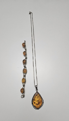 Schmuckset Silber 925: Halskette mit Bernstein-Anhänger Tropfen & Armband