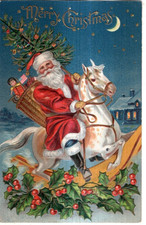 ANTIQUE CHRISTMAS Postcard SANTA CLAUS, BLUE PANTS, RIDING ROCKING HORSE, MOON