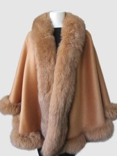 Women's Brand New Caramel Cashmere Wool Wrap Cape Fox Fur CLEARANCE SALE