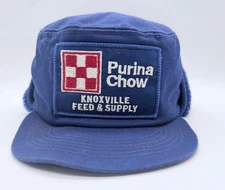 Vintage Purina Chow Patch Ear Flaps Blue- USA- K-Brand Hat Cap Size Medium
