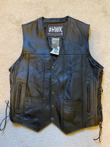 HWK Motor Sports Men Size Medium Classic Vest Black Leather Motorcycle Bike - product listing photo