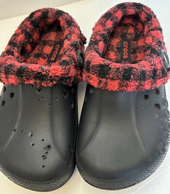 Crocs Big Girl's Size Black/Buffalo Plaid Lined Slip On Clog