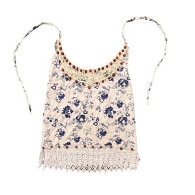 Beaded Crochet Trim Patterned Halter Tank Top White Blue Floral XS S BOHO Hippie