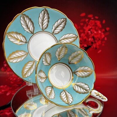 Royal Stafford MCM Turquoise Leaf Bone China Teacup & Saucer Gold England BX11