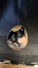 Vintage KENYA Hand Carved Stone Egg Etched & Painted Elephant with Wood Stand