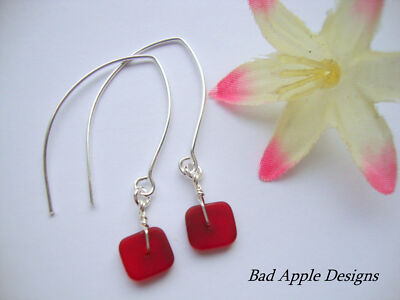 Flat, Forward-Facing, Dainty Frosted Sea Glass Silver Marquise Style Earrings
