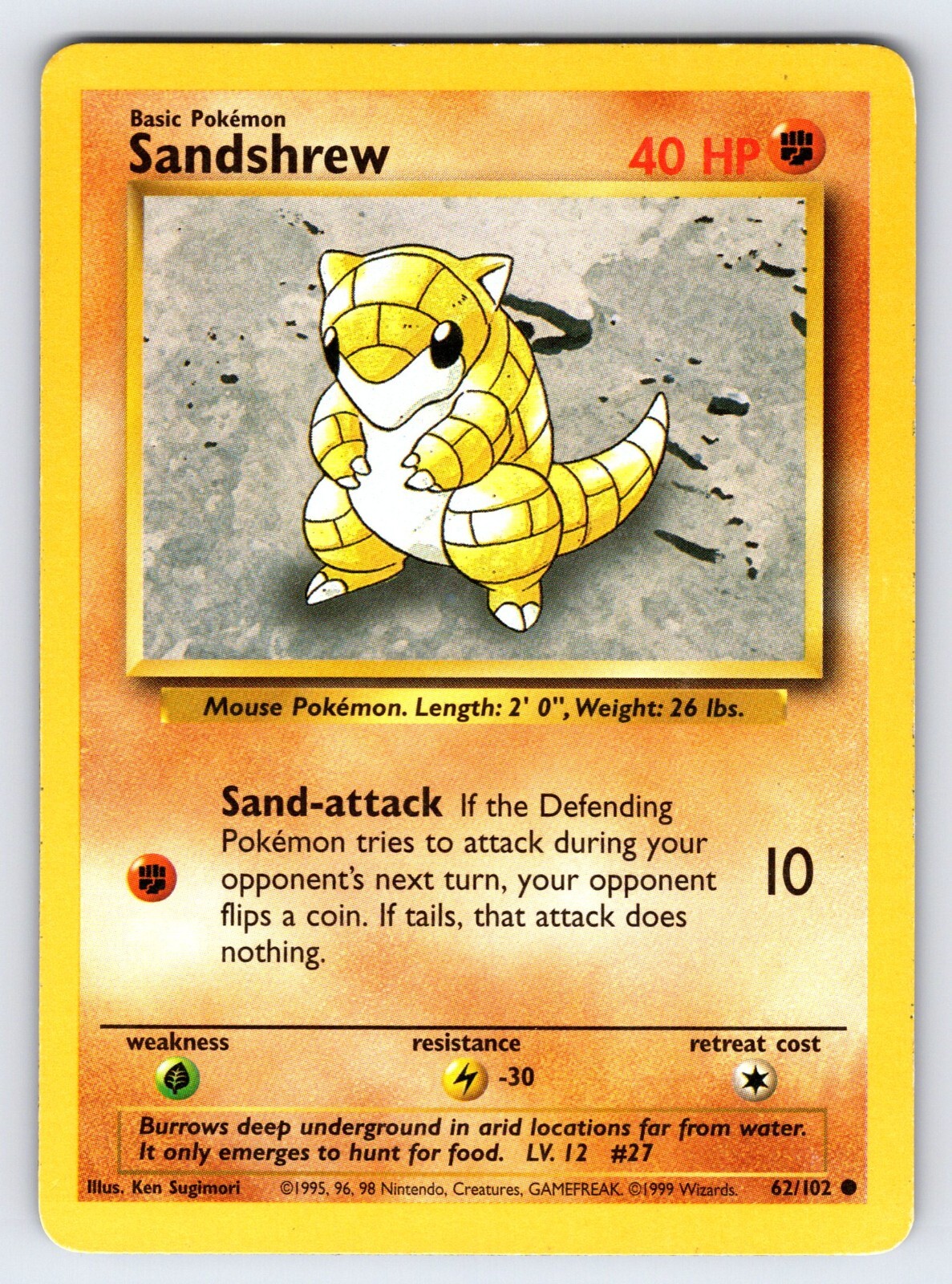 Sandshrew 62/102 1999 Base Set Unlimited Pokemon Card WOTC Vintage Common - Mp