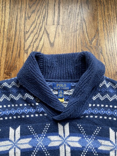 Polo Ralph Lauren Boys Fair Isle Sweater Large Shawl Collar Blue Nordic Cotton - Picture 4 of 11