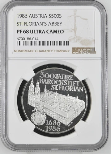 1986 Austria 500 Schilling 300 Years St. Florian Abbey Silver - NGC PF 68 UC