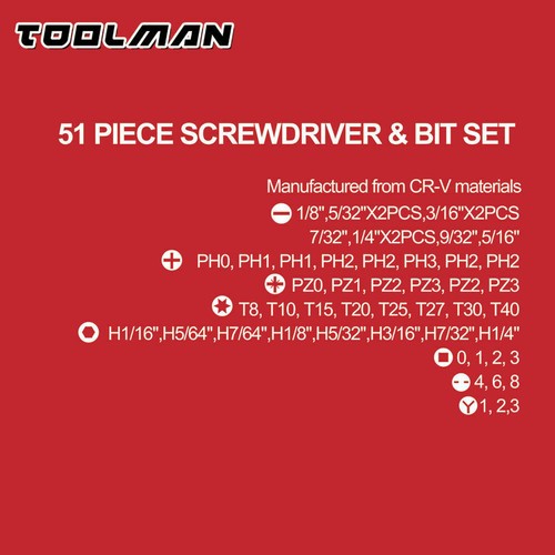 Juego de brocas de destornillador TOOLMAN 51 piezas herramienta de mano compacta magnética ¡NUEVO ENVÍO GRATUITO! - Imagen 2 de 2